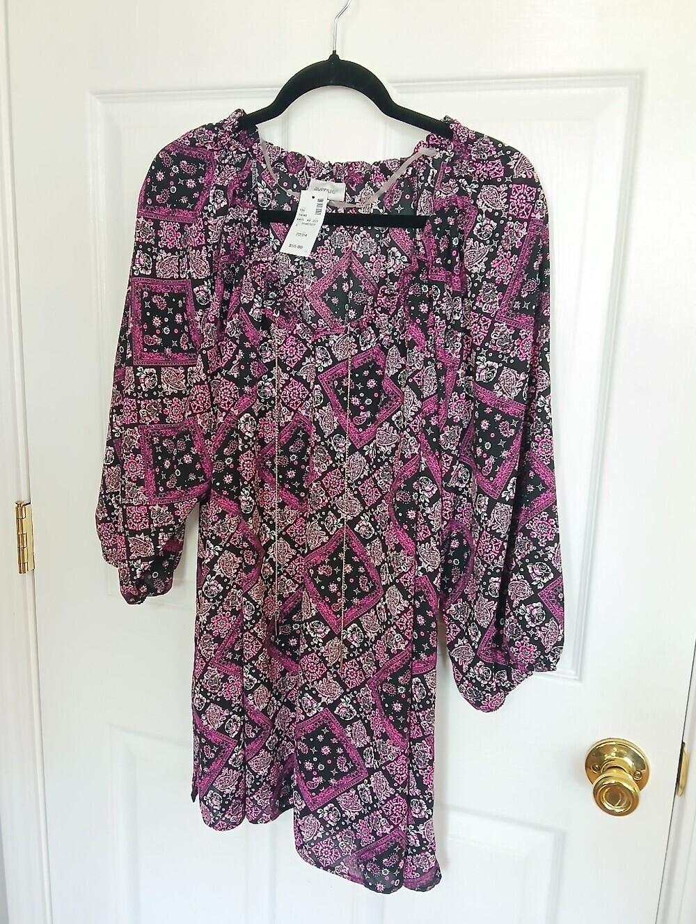 Avenue NWT Boho Pink & Black Printed Peasant Tunic Paisley Casual Office Sheer